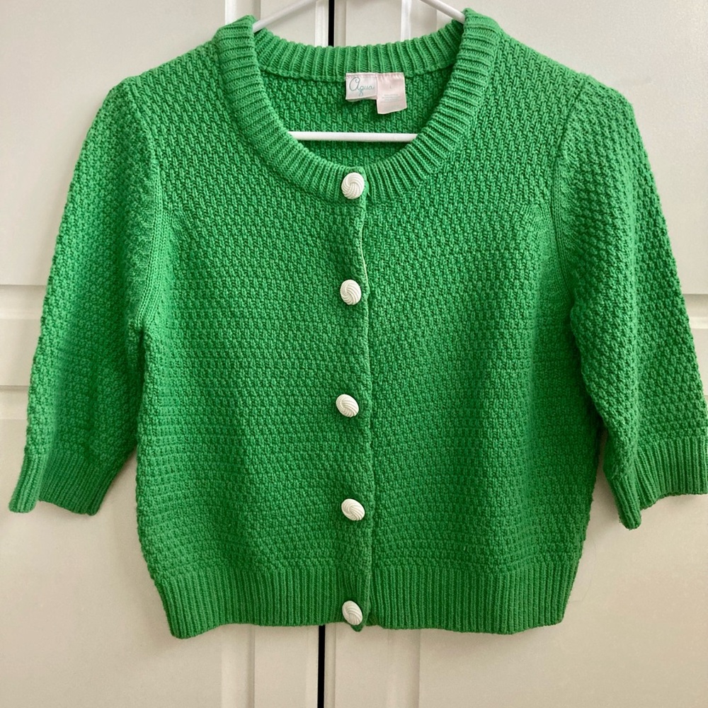Preppy Sweater,Aqua,honeycomb, buttons, below elbow length sleeve, waist length.